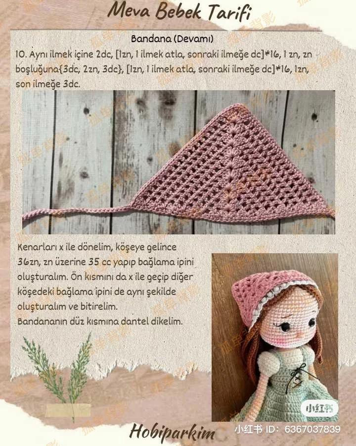 Meva Bebek Tarifi: Amigurumi búp bê mặc váy xanh hồng, mũ và túi xách
