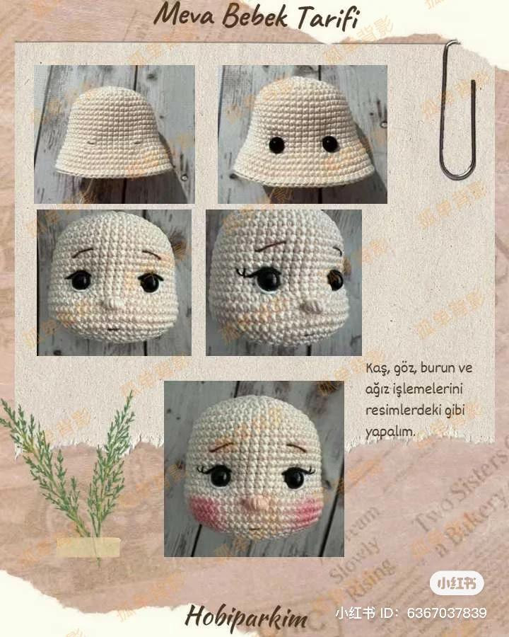 Meva Bebek Tarifi: Amigurumi búp bê mặc váy xanh hồng, mũ và túi xách