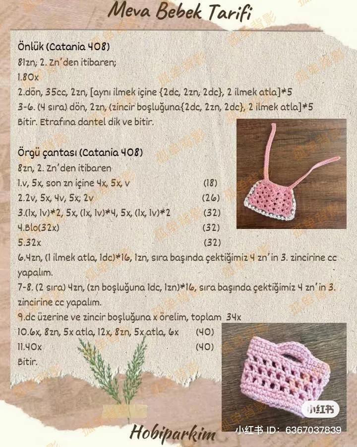 Meva Bebek Tarifi: Amigurumi búp bê mặc váy xanh hồng, mũ và túi xách