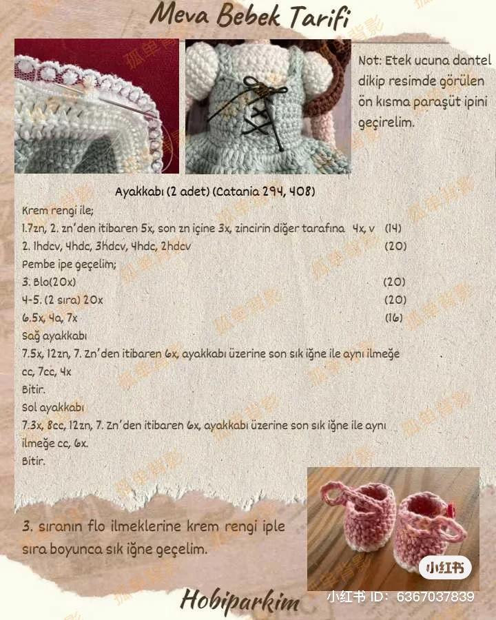 Meva Bebek Tarifi: Amigurumi búp bê mặc váy xanh hồng, mũ và túi xách