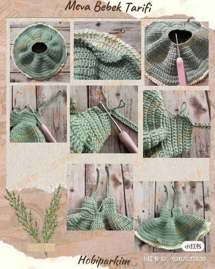 Meva Bebek Tarifi: Amigurumi búp bê mặc váy xanh hồng, mũ và túi xách