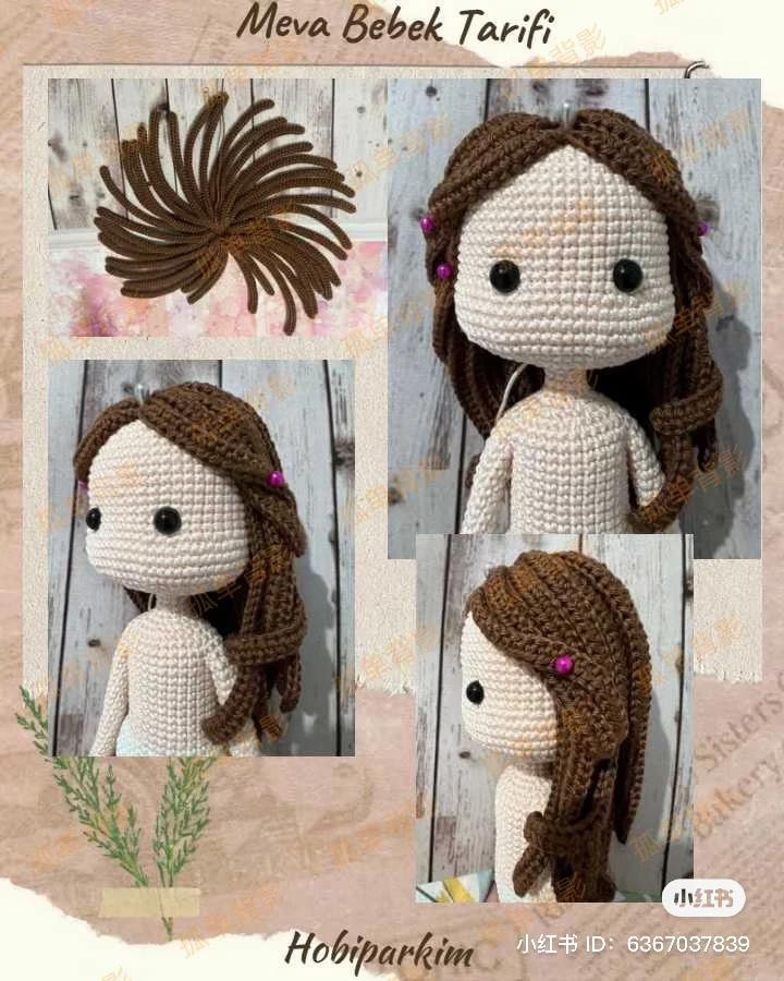 Meva Bebek Tarifi: Amigurumi búp bê mặc váy xanh hồng, mũ và túi xách