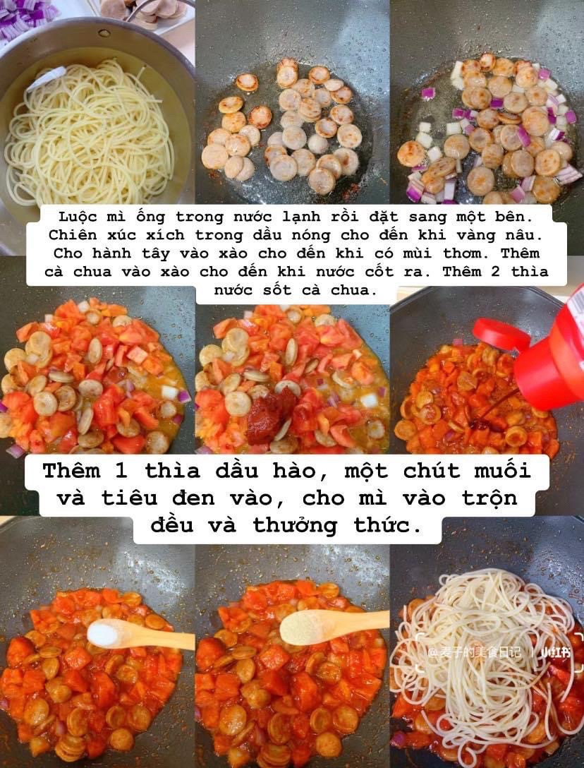 Mì ống sốt cà chua xúc xích và hành tím