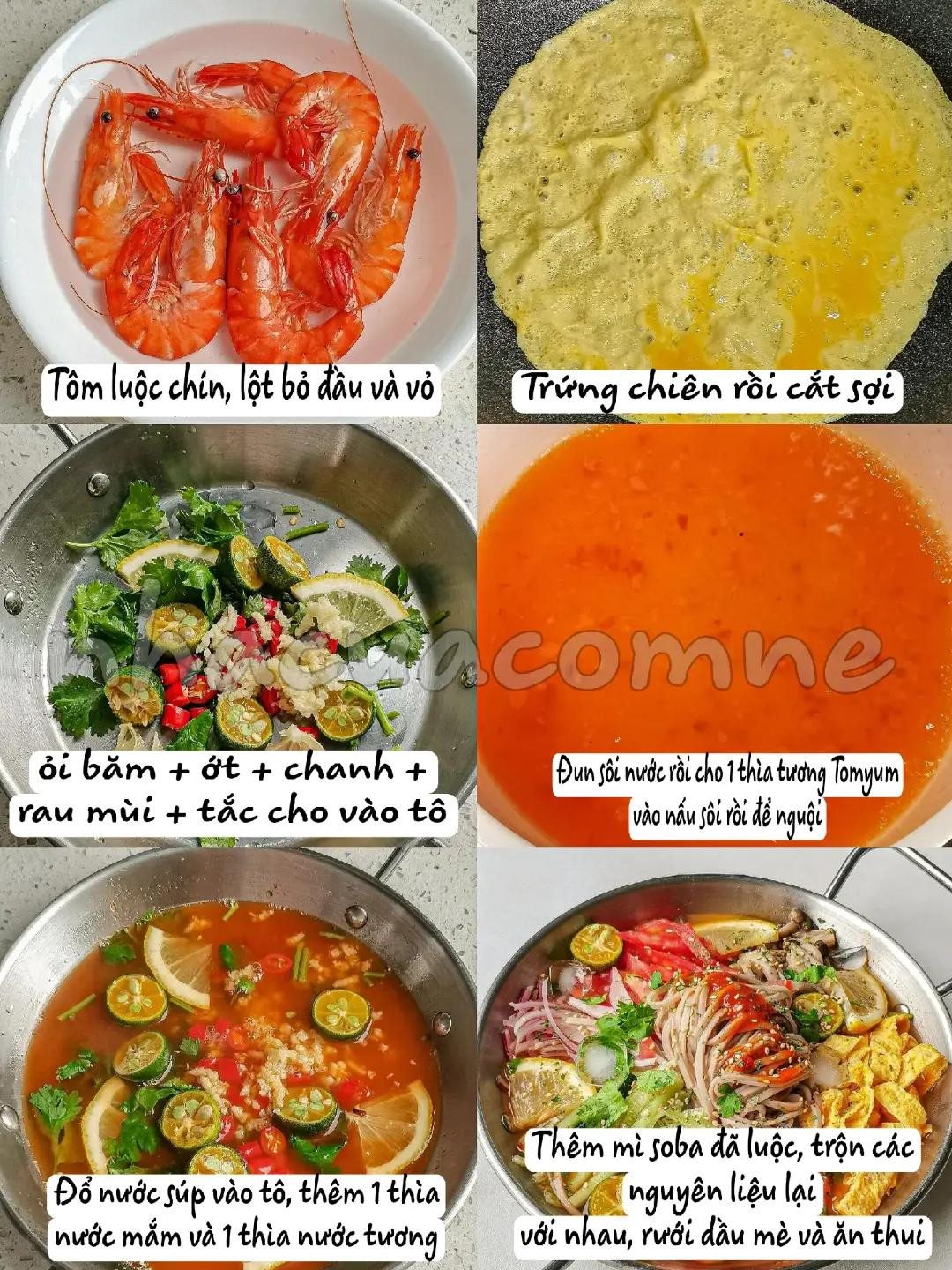 Mì Soba Tomyum Hải Sản: Mì soba trộn sốt chua cay, tôm luộc, trứng chiên xé sợi, nấm và rau củ giòn tươi