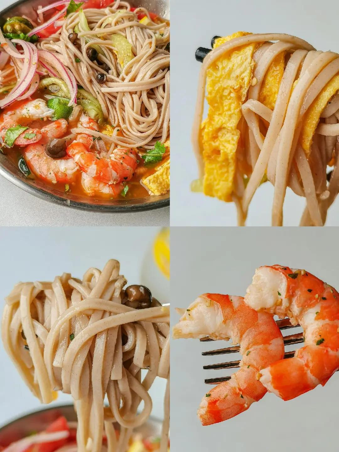 Mì Soba Tomyum Hải Sản: Mì soba trộn sốt chua cay, tôm luộc, trứng chiên xé sợi, nấm và rau củ giòn tươi