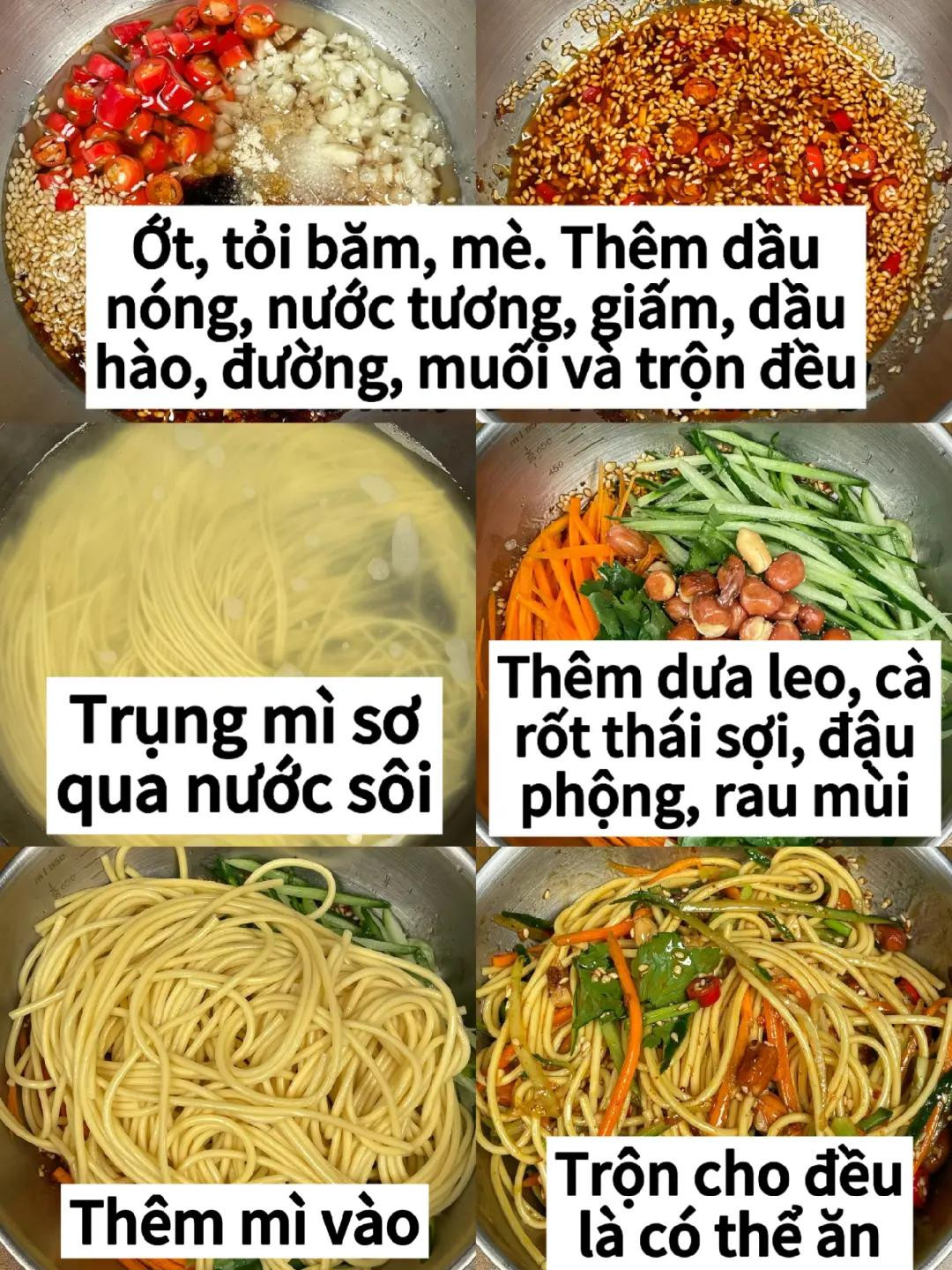 Mì trộn chua cay với đậu phộng, dưa leo và ớt tươi