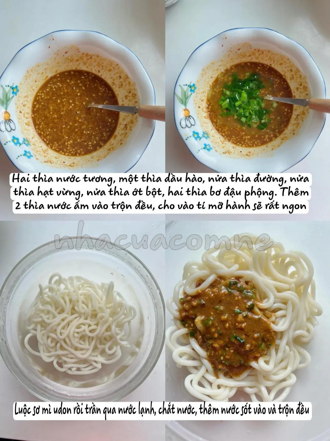 Mì Udon sốt đậu phộng với trứng chiên hình hoa và dưa chuột