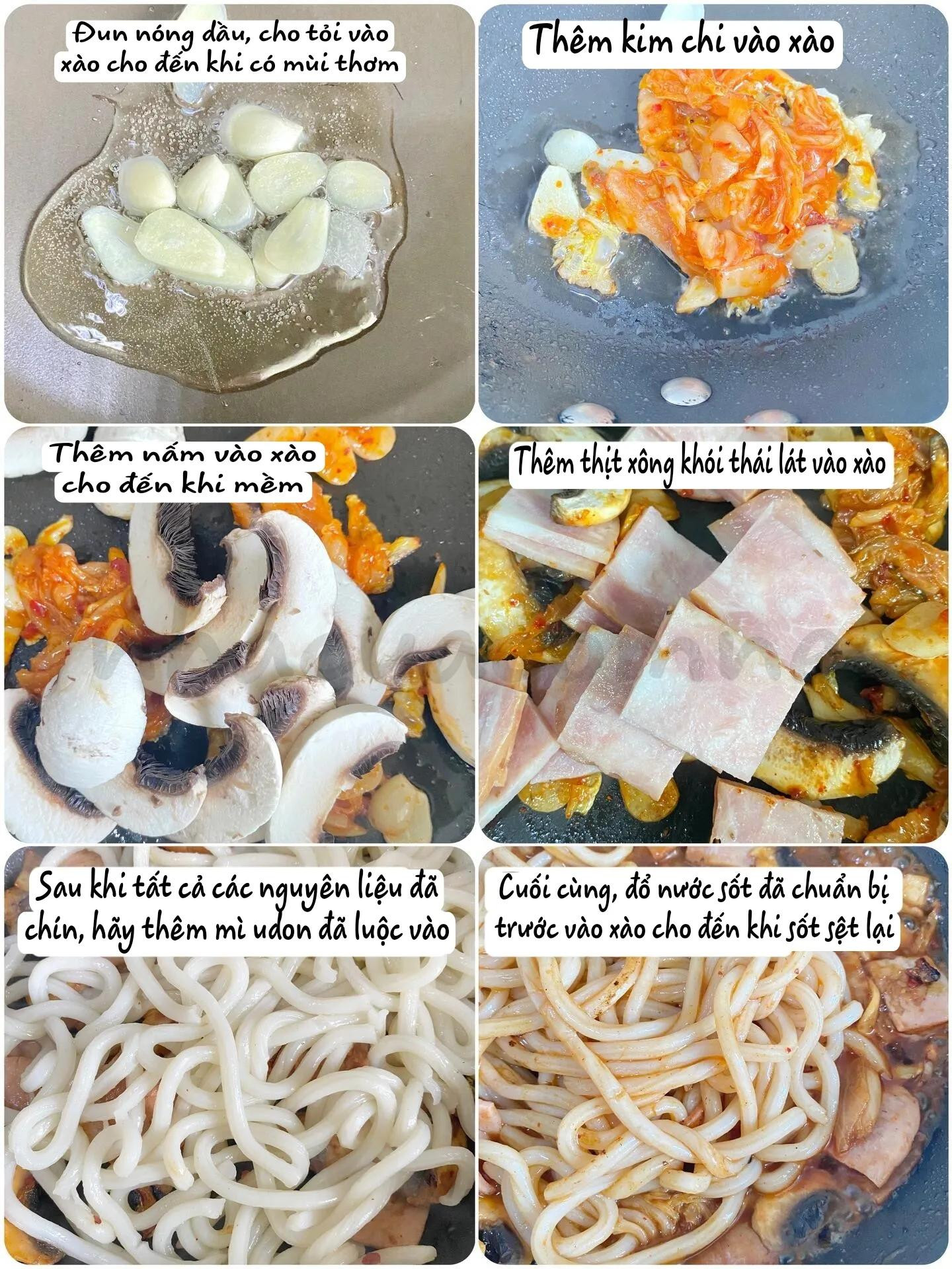 Mì Udon xào kim chi thịt xông khói và nấm sốt cay Hàn Quốc