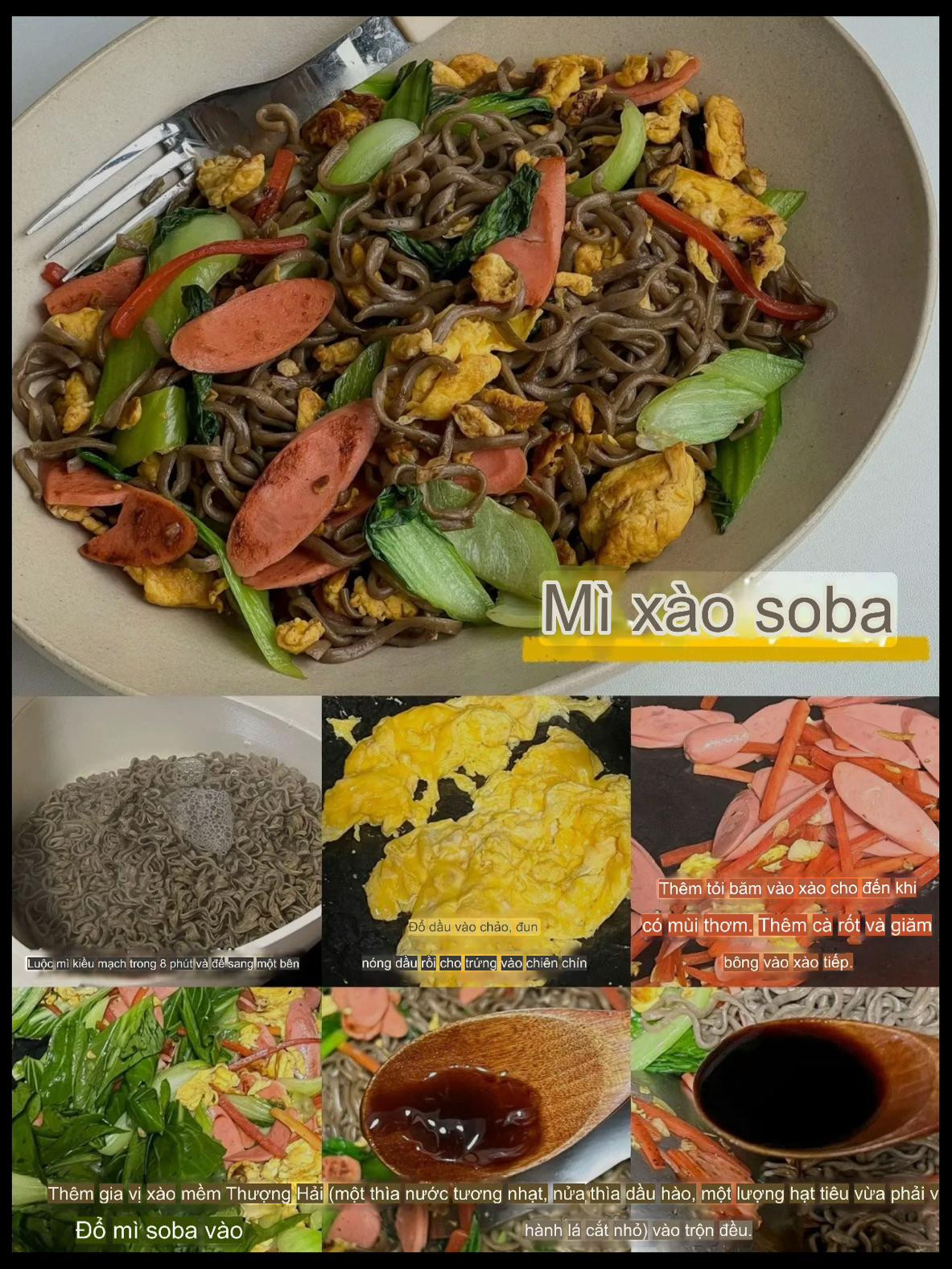 Mì xào soba với trứng, xúc xích và rau xanh