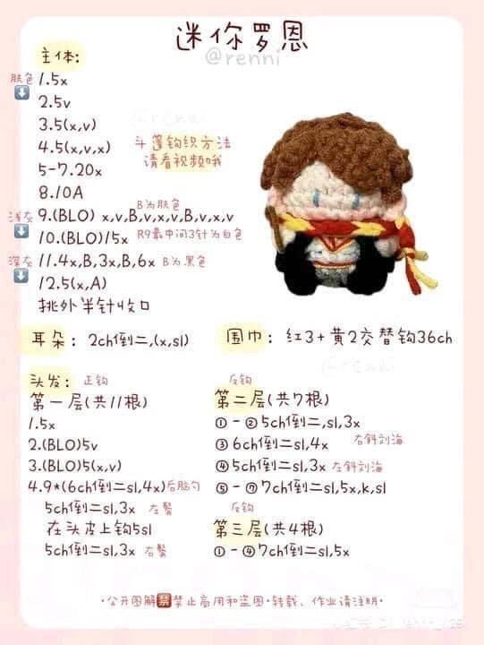 Mini Crochet Amigurumi Pattern for Ron Weasley and Hermione Granger Dolls with Detailed Stitch Instructions