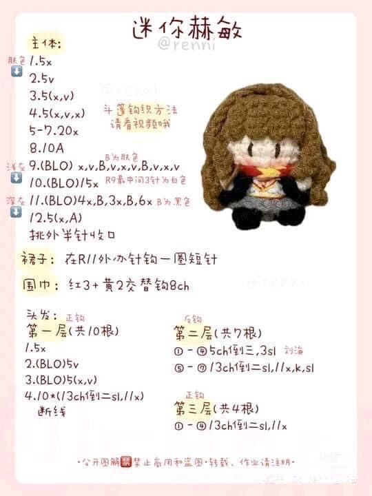 Mini Crochet Amigurumi Pattern for Ron Weasley and Hermione Granger Dolls with Detailed Stitch Instructions