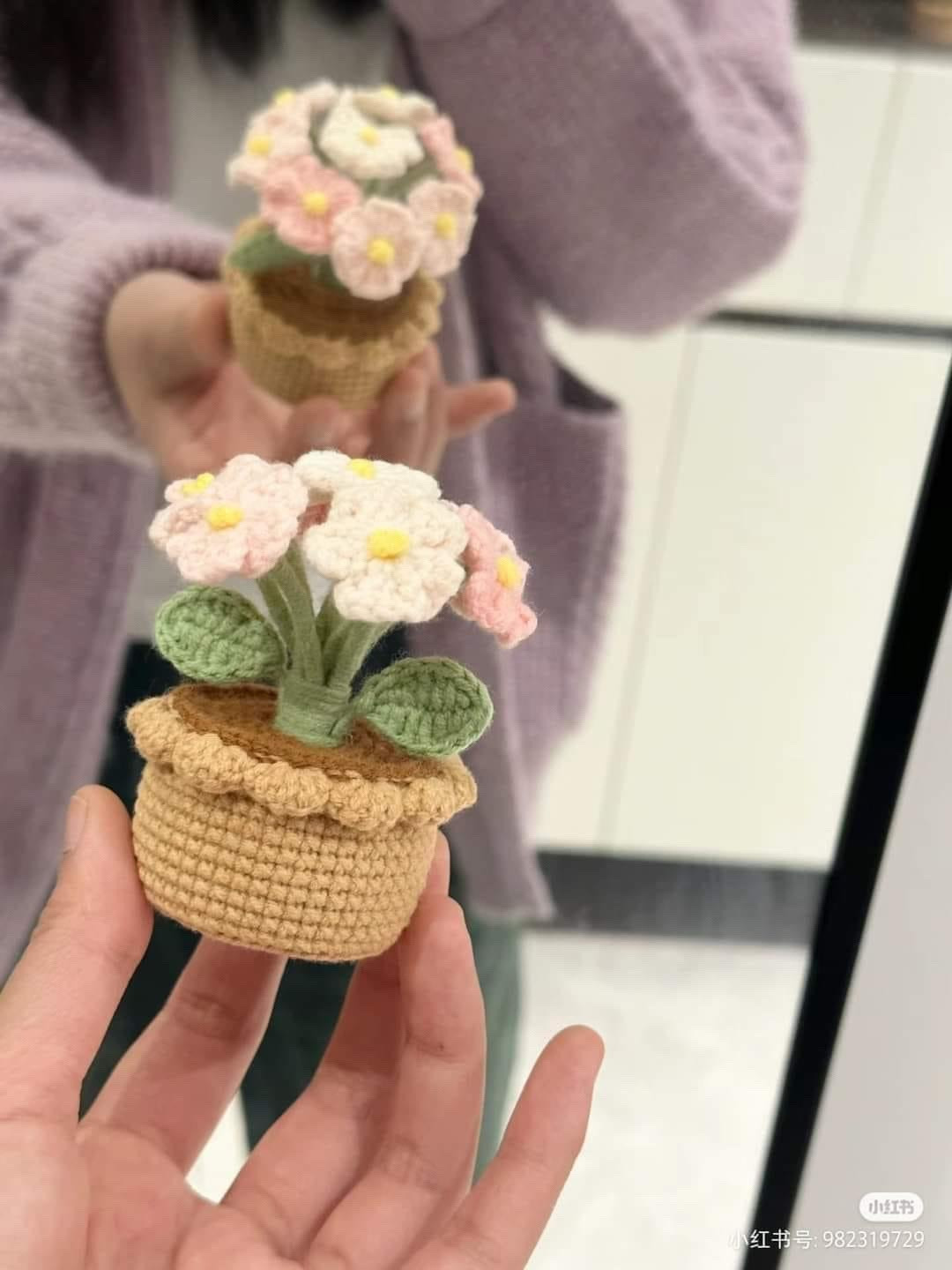 Mini Crochet Flower Pot Chart with Pink and White Flowers