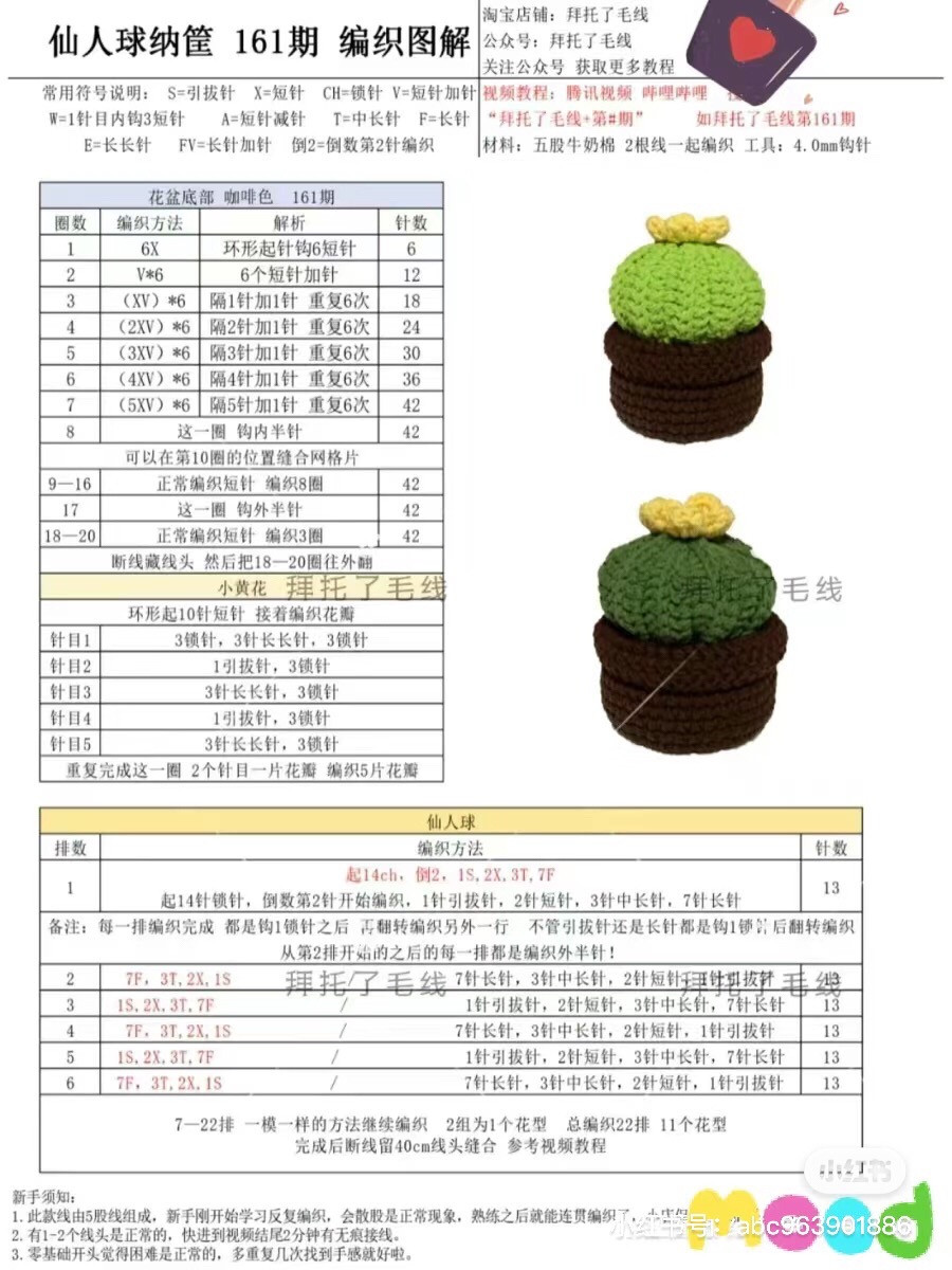 Mini Crochet Flower Pot Storage Box Pattern with Cactus and Succulent Plant Chart Instructions