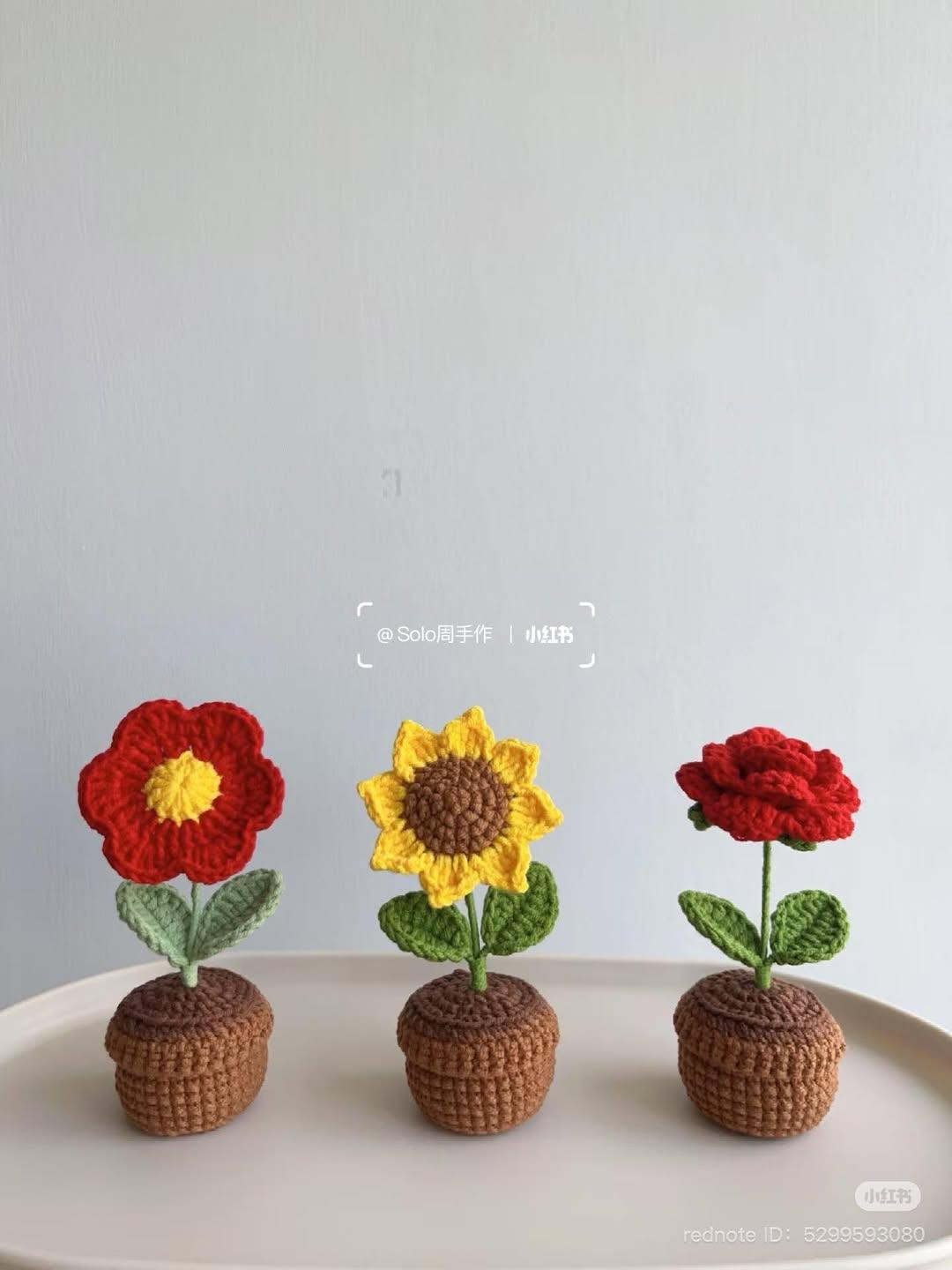 Mini Crochet Flower Pots Pattern: Rose, Sunflower, and Potted Plant Chart