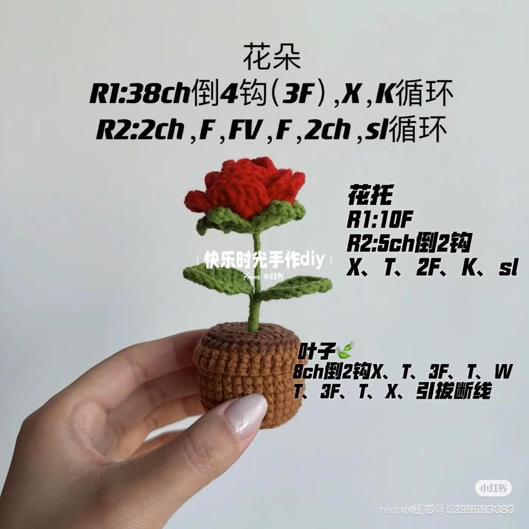 Mini Crochet Flower Pots Pattern: Rose, Sunflower, and Potted Plant Chart