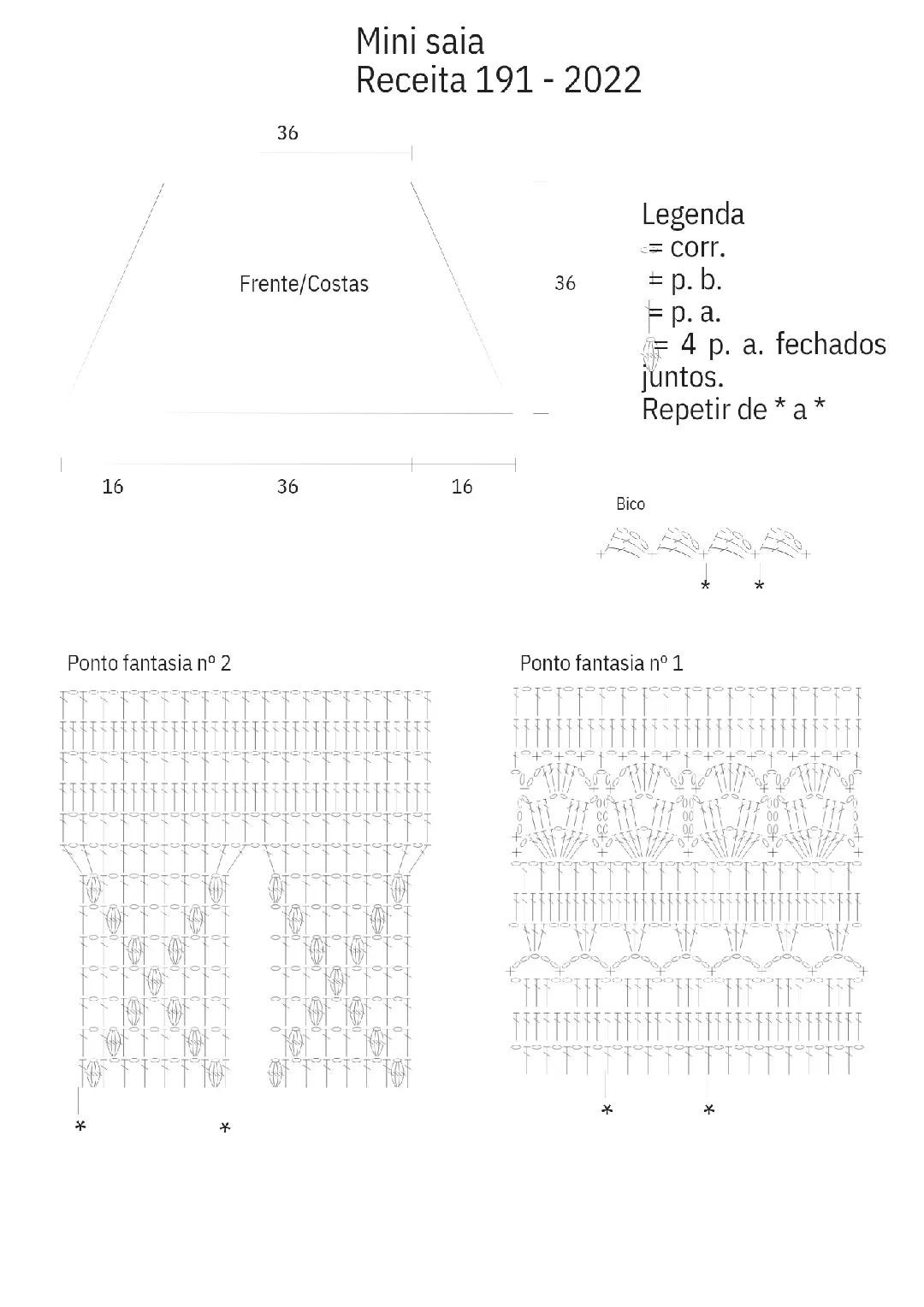 Mini saia Receita 191 - 2022: Tabela hướng dẫn chi tiết cách móc váy ngắn màu hồng với họa tiết hoa văn tinh tế