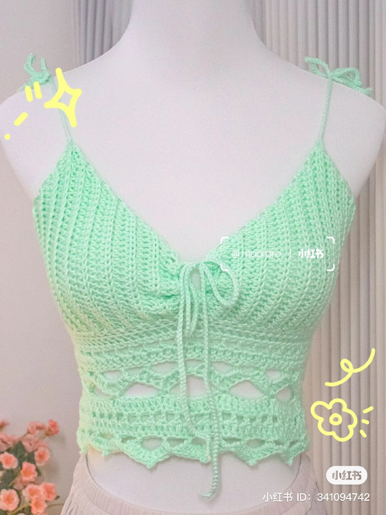 Mint Green Crochet Crop Top with Lace Pattern Chart