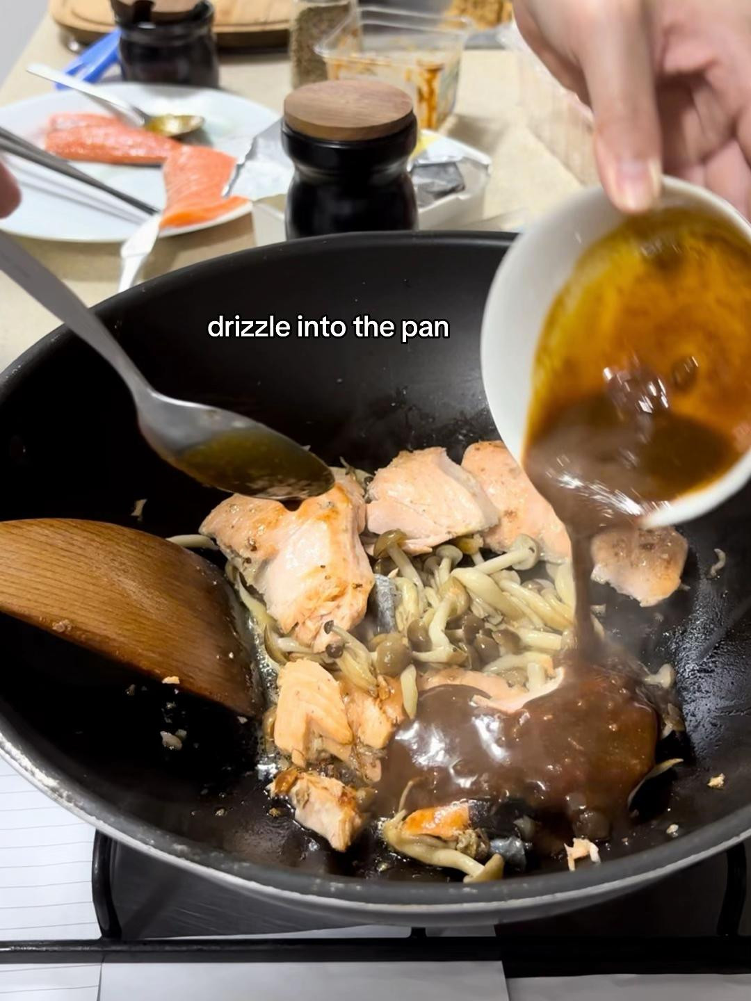 Miso Butter Salmon with Shimeiji Mushrooms and Green Onions