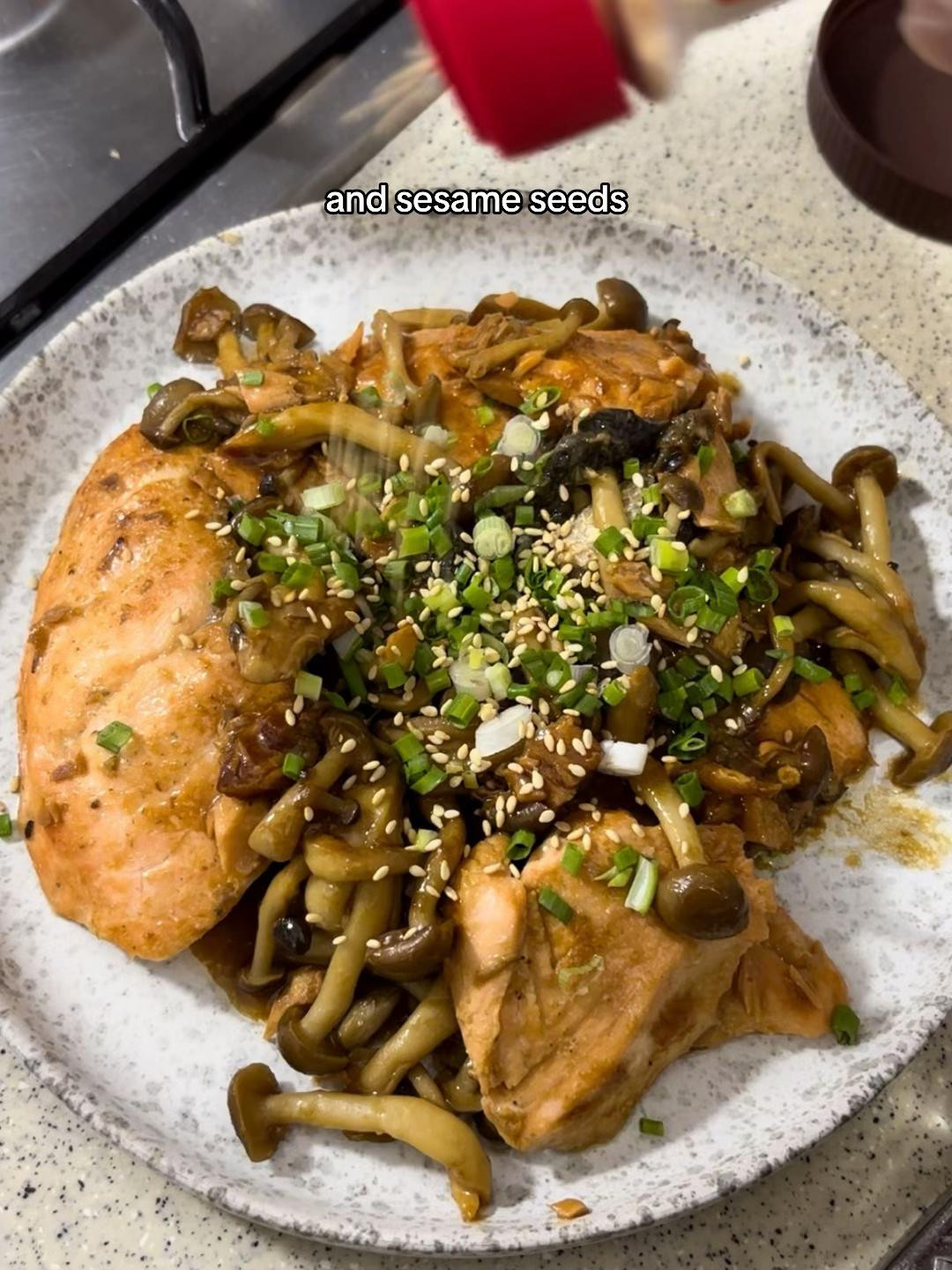 Miso Butter Salmon with Shimeiji Mushrooms and Green Onions