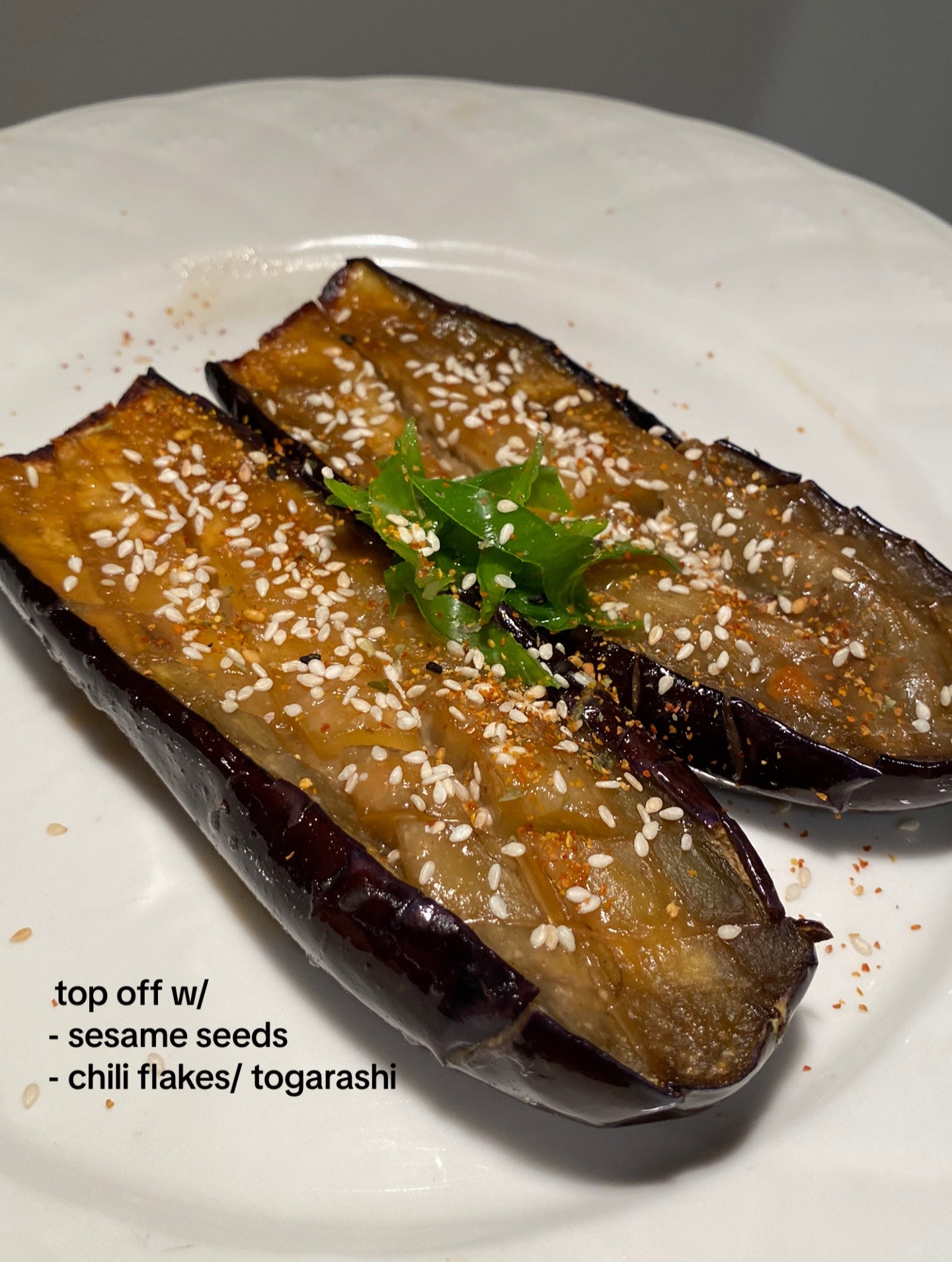 Miso Glazed Eggplant (Miso Dengaku) - Soft, savory Japanese eggplant recipe with sesame seeds and chili flakes