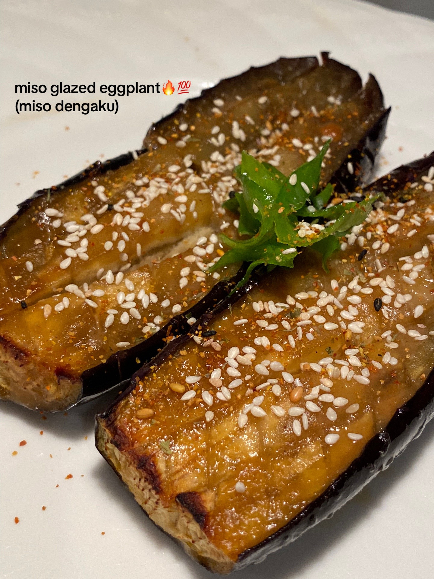Miso Glazed Eggplant (Miso Dengaku) - Soft, savory Japanese eggplant recipe with sesame seeds and chili flakes