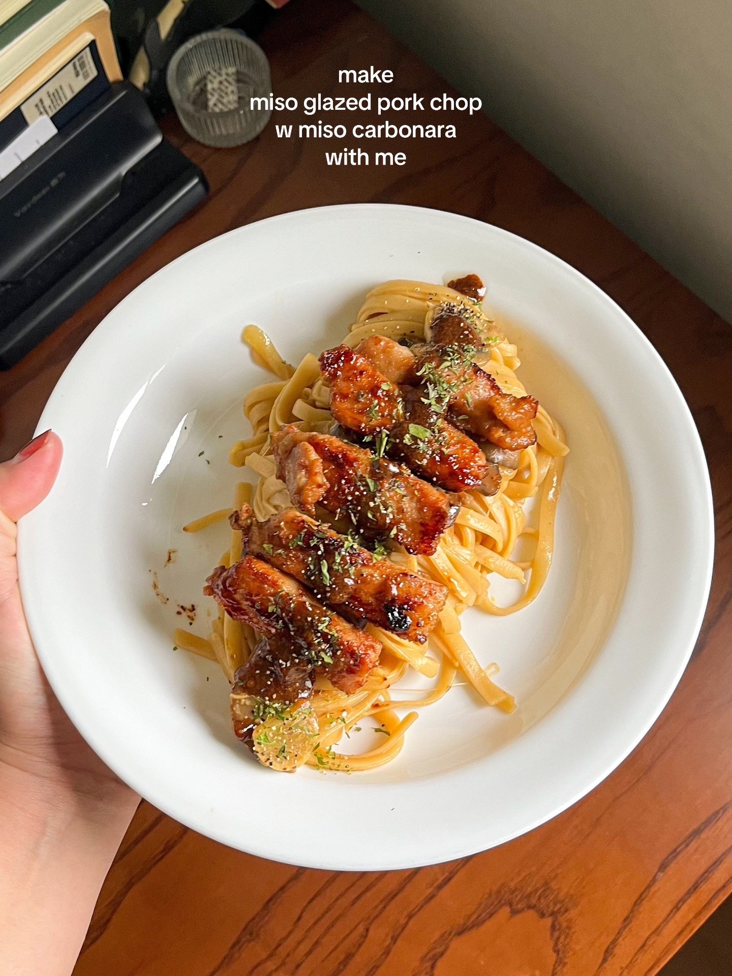 Miso Glazed Pork Chop with Miso Carbonara Pasta Recipe