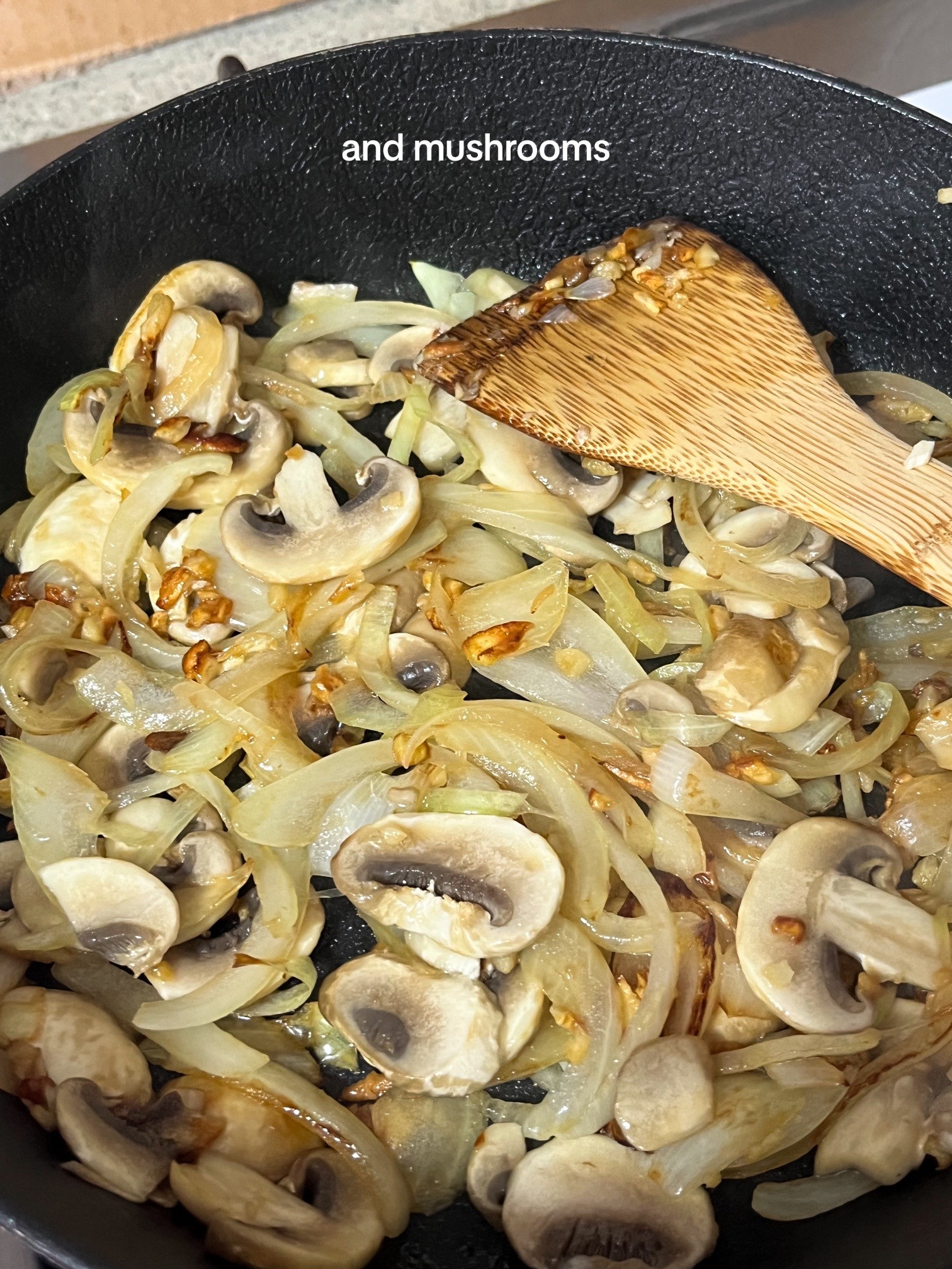 Miso Gochujang Udon Carbonara with mushrooms, onions and garlic