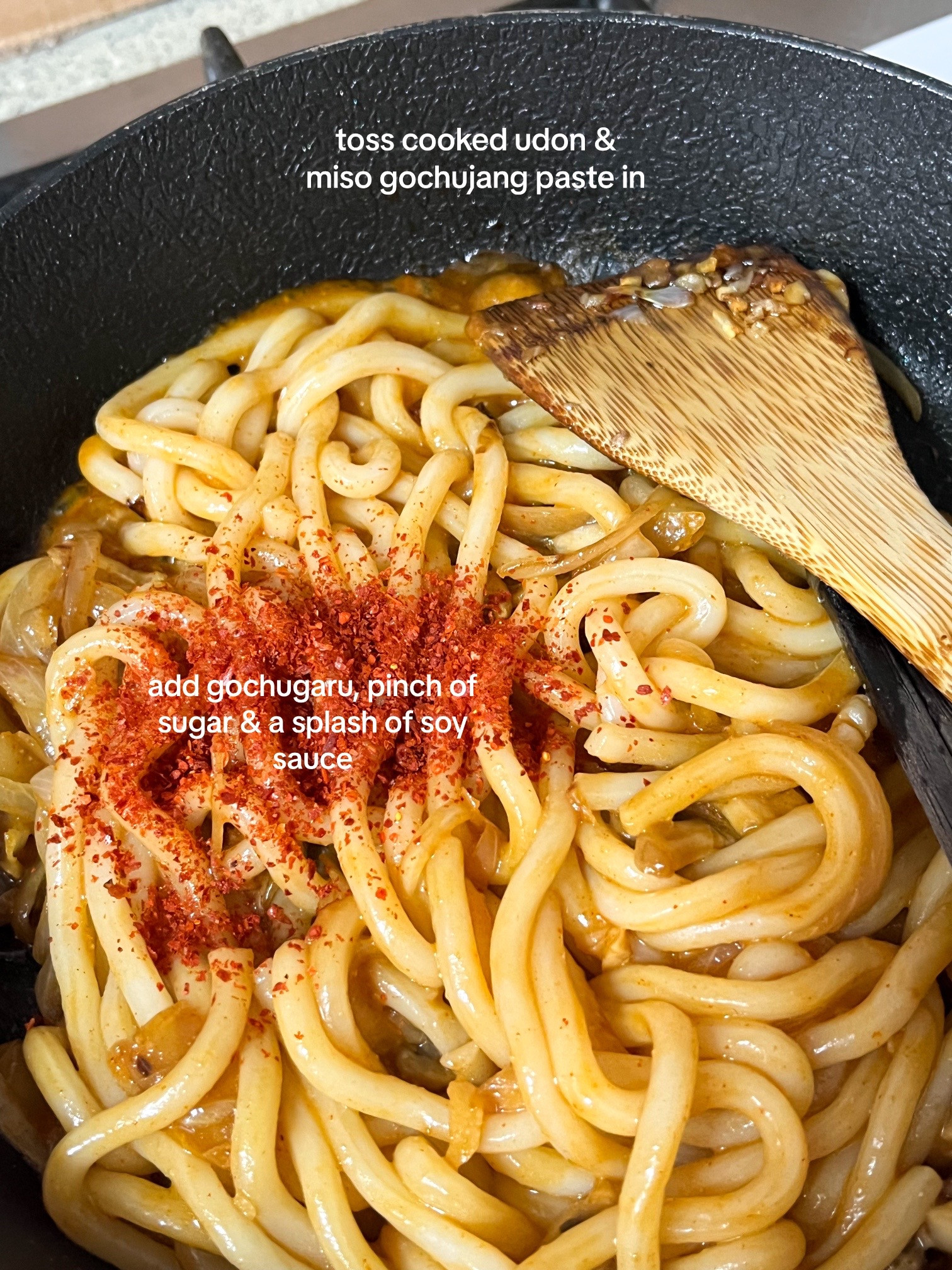 Miso Gochujang Udon Carbonara with mushrooms, onions and garlic