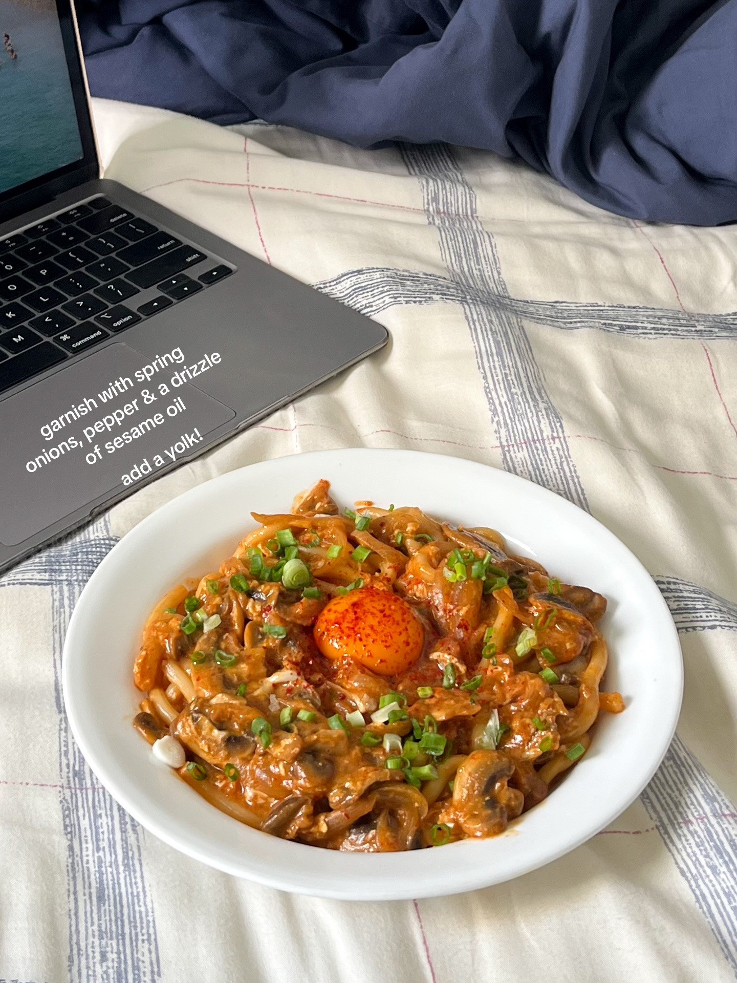 Miso Gochujang Udon Carbonara with mushrooms, onions and garlic
