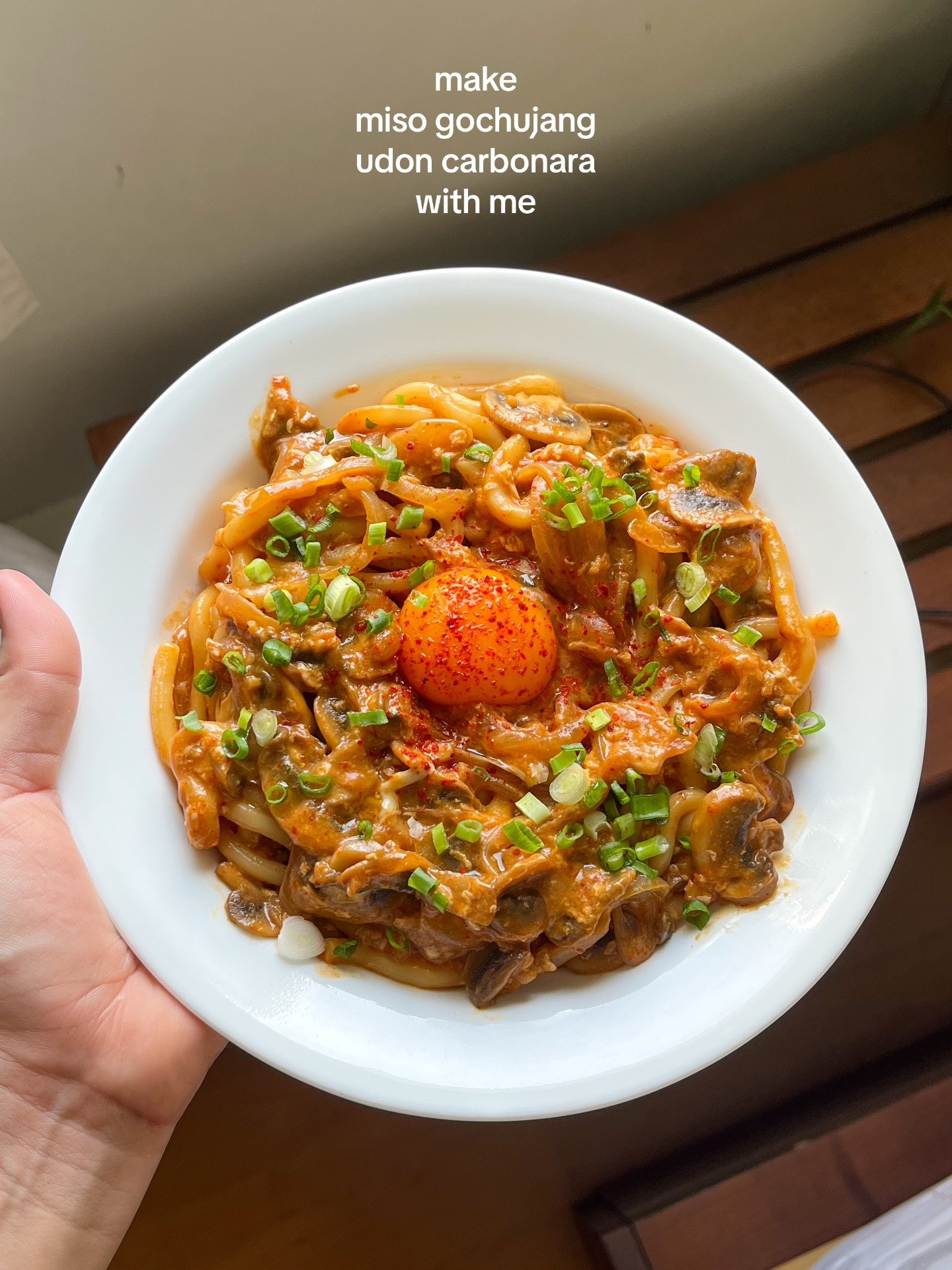 Miso Gochujang Udon Carbonara with mushrooms, onions and garlic