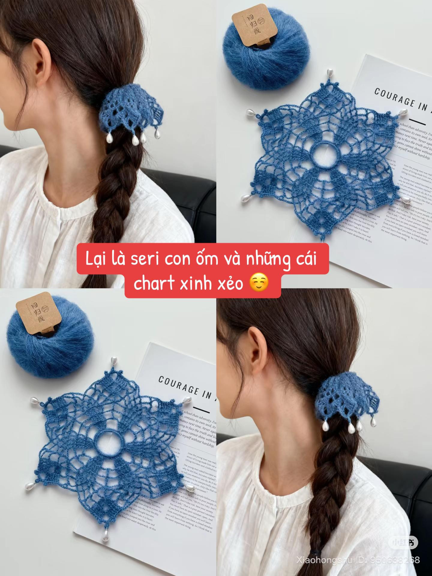 Móc len kẹp tóc hoa sen màu xanh đính hạt ngọc trai