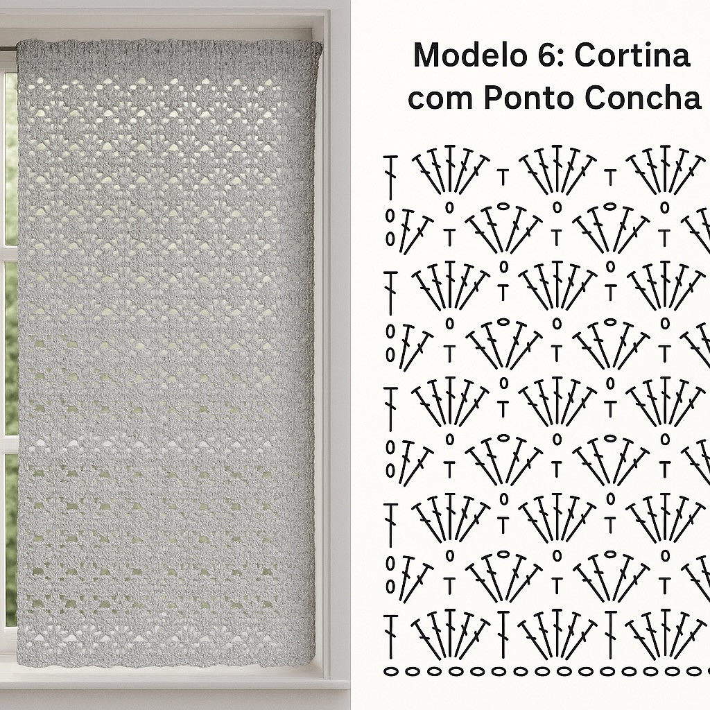 Modelo de cortina com ponto concha e gráfico de crochê floral