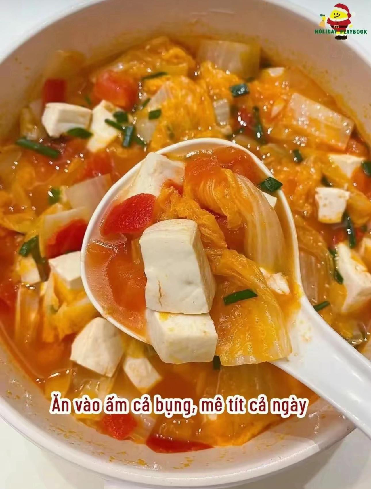 Món canh ấm lòng ngày xuân sang với đậu phụ, cà chua và cải thảo