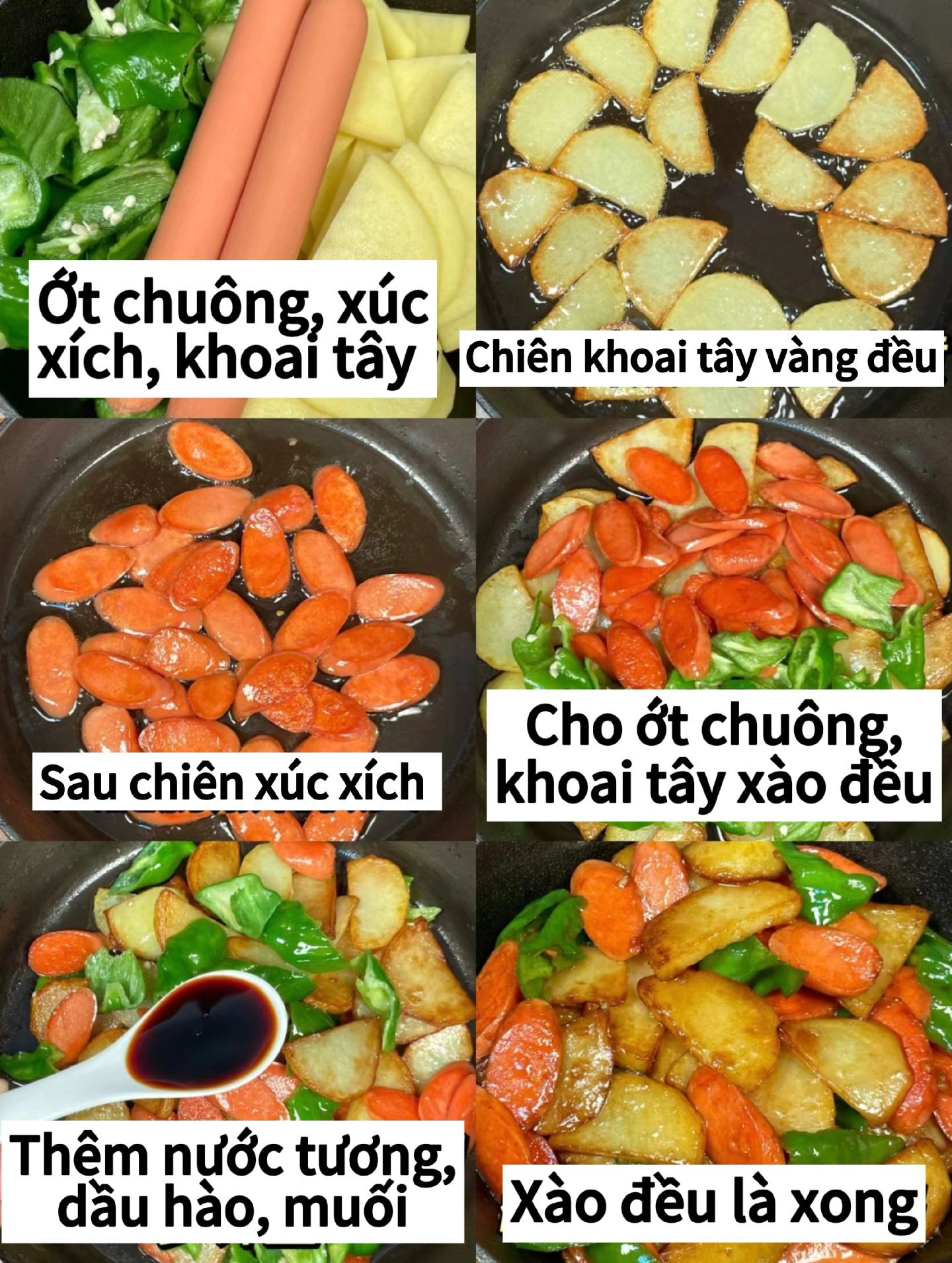 Món khoai tây chiên giòn xào xúc xích và ớt chuông sốt nước tương