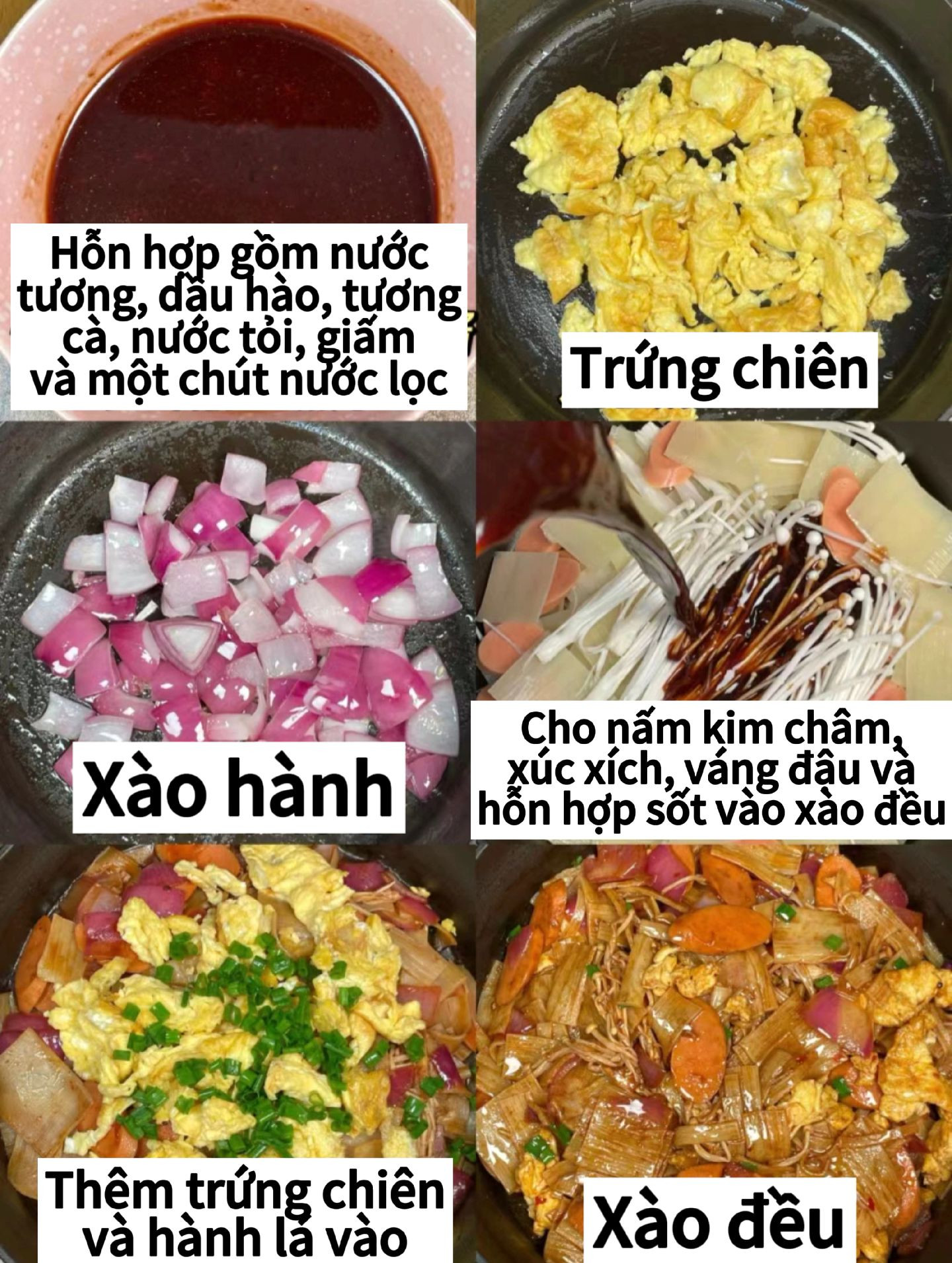 Món xào váng đậu, nấm kim châm và xúc xích sốt cà chua