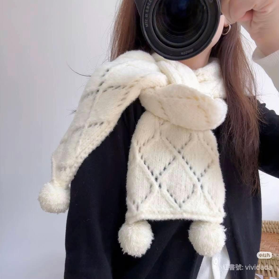 Moose Knitted Scarf Pattern with Pom Poms and Diamond Stitch