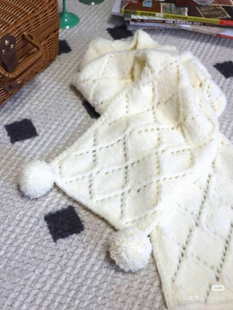 Moose Knitted Scarf Pattern with Pom Poms and Diamond Stitch