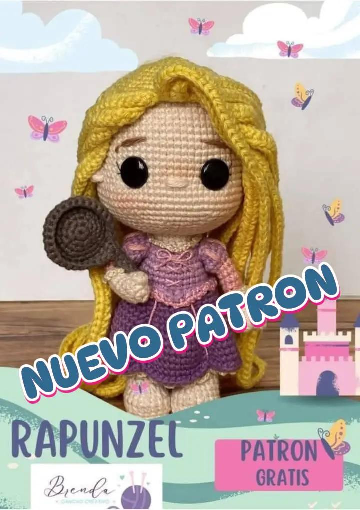 Nuevo Patrón Gratis: Búp bê Rapunzel móc len Amigurumi