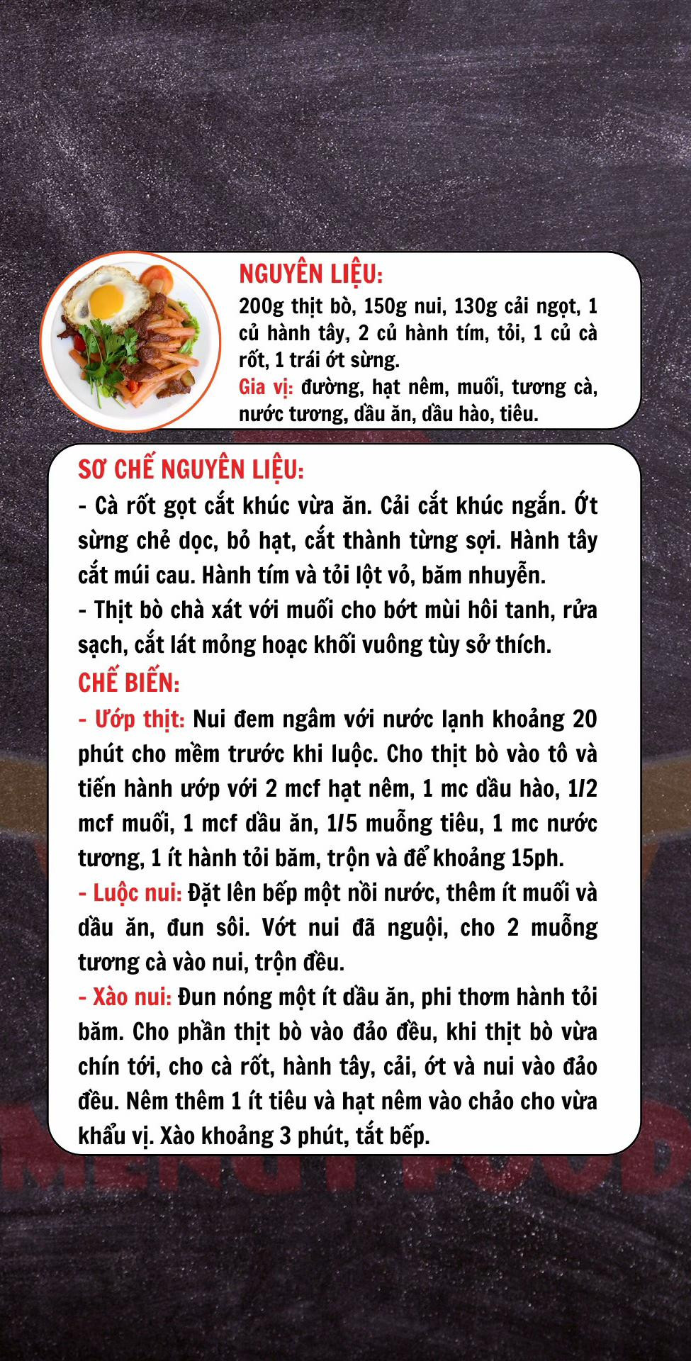 Nui xào bò: Công thức món ngon với thịt bò, nui, cà rốt và trứng ốp la