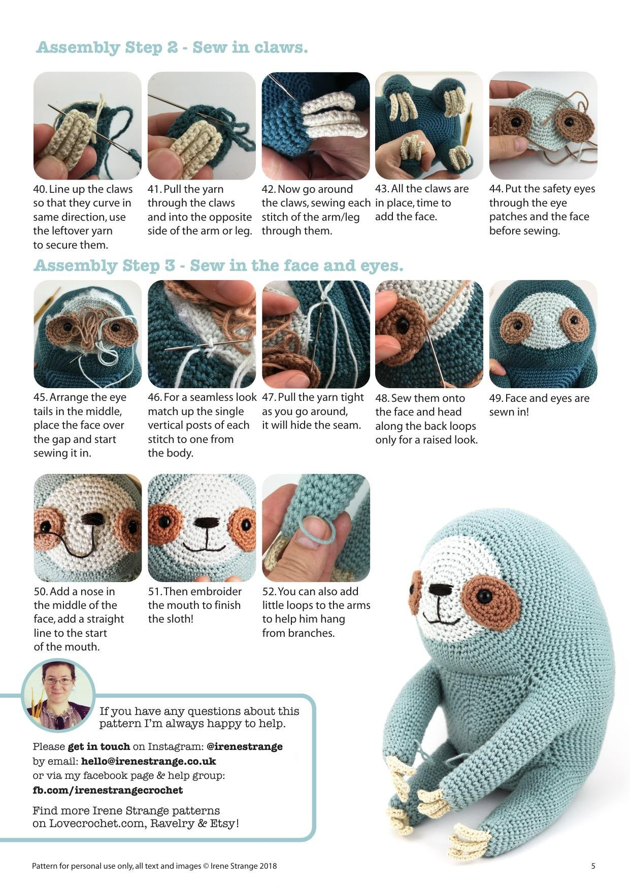Ollie The Sloth Amigurumi Crochet Pattern by Irene Strange - Step-by-Step Guide