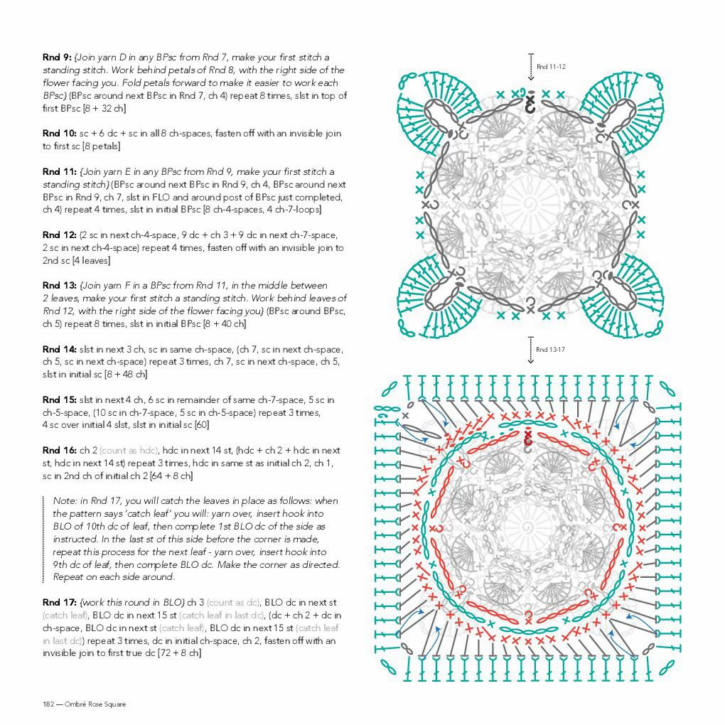 Ombré Rose Square - Hướng dẫn chi tiết và biểu đồ móc len hình vuông hoa hồng