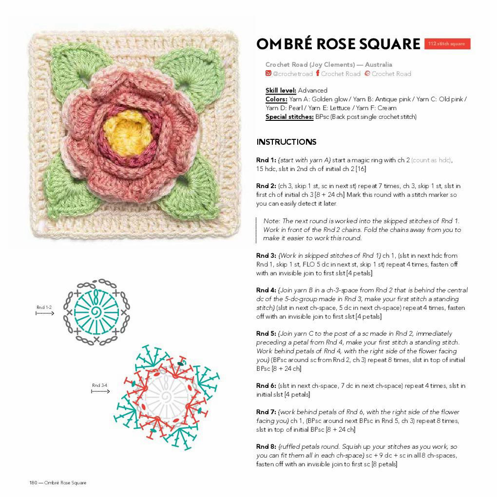 Ombré Rose Square - Hướng dẫn chi tiết và biểu đồ móc len hình vuông hoa hồng