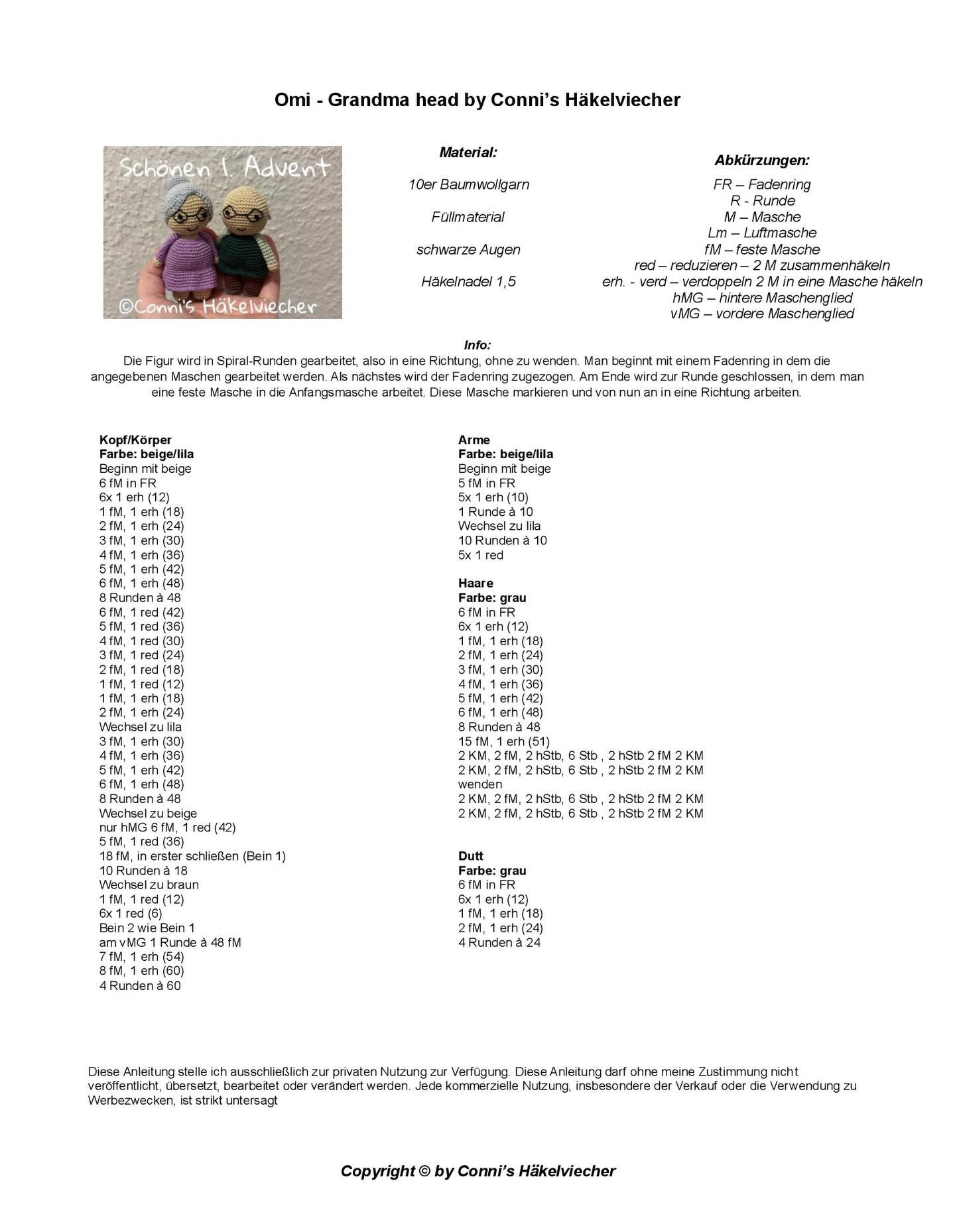 Omi - Grandma head crochet pattern by Conni's Häkelviecher, beige and purple amigurumi doll