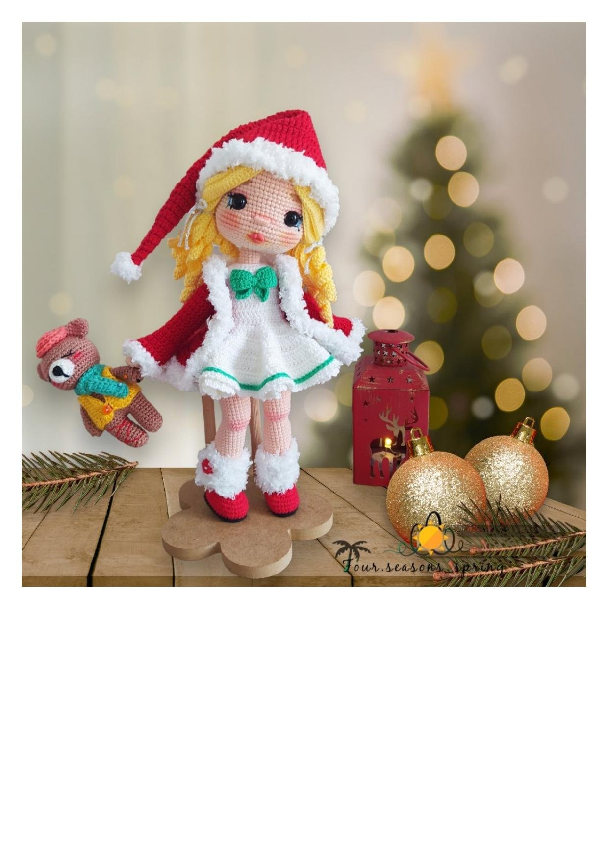 Özge bebek amigurumi tarifi - Noel kıyafetli kız bebek ve gấu bông