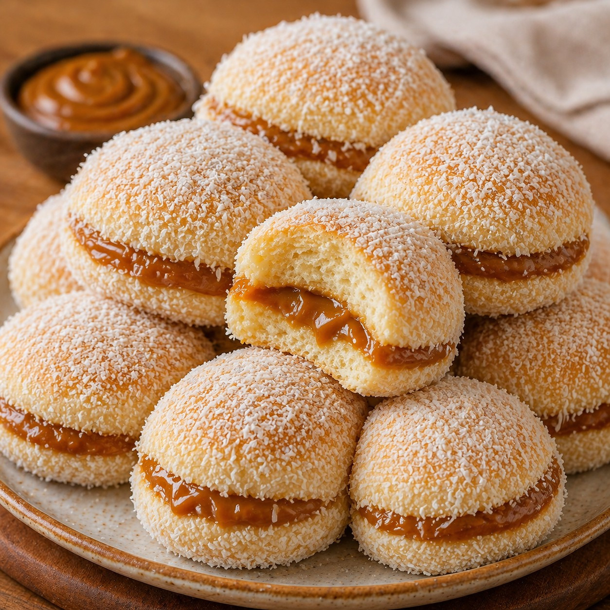 Pão Lua de Mel: Deliciosos pãezinhos recheados com doce de leite e cobertura de coco