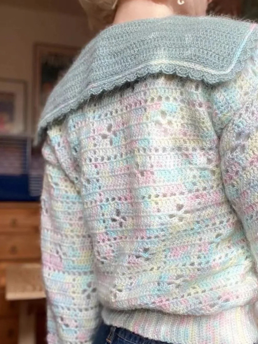 Pastel Color Block Crochet Cardigan with Sailor Collar and Bow - Detailed Stitch Chart Pattern