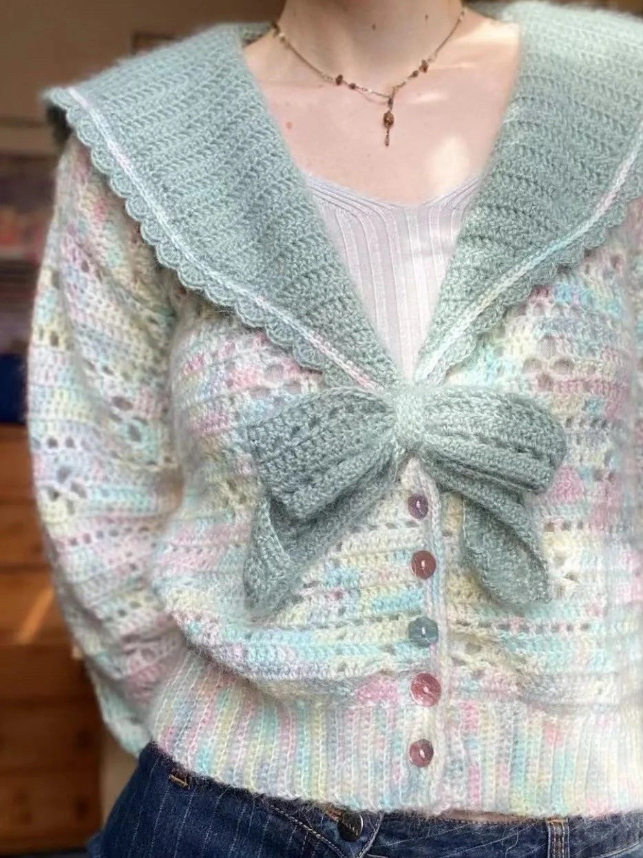 Pastel Color Block Crochet Cardigan with Sailor Collar and Bow - Detailed Stitch Chart Pattern