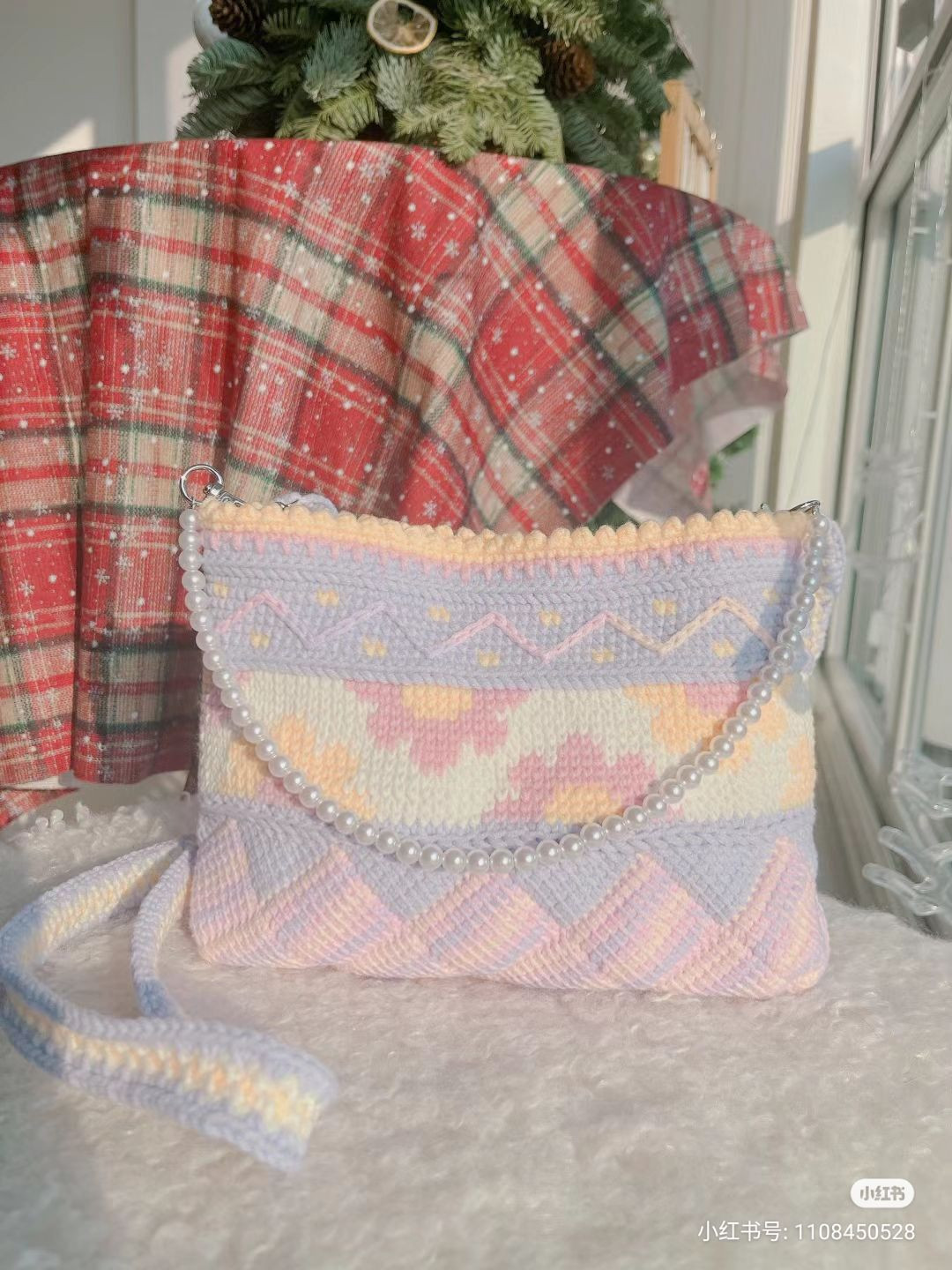 Pastel Flower Crochet Bag with Pearl Strap and Chart