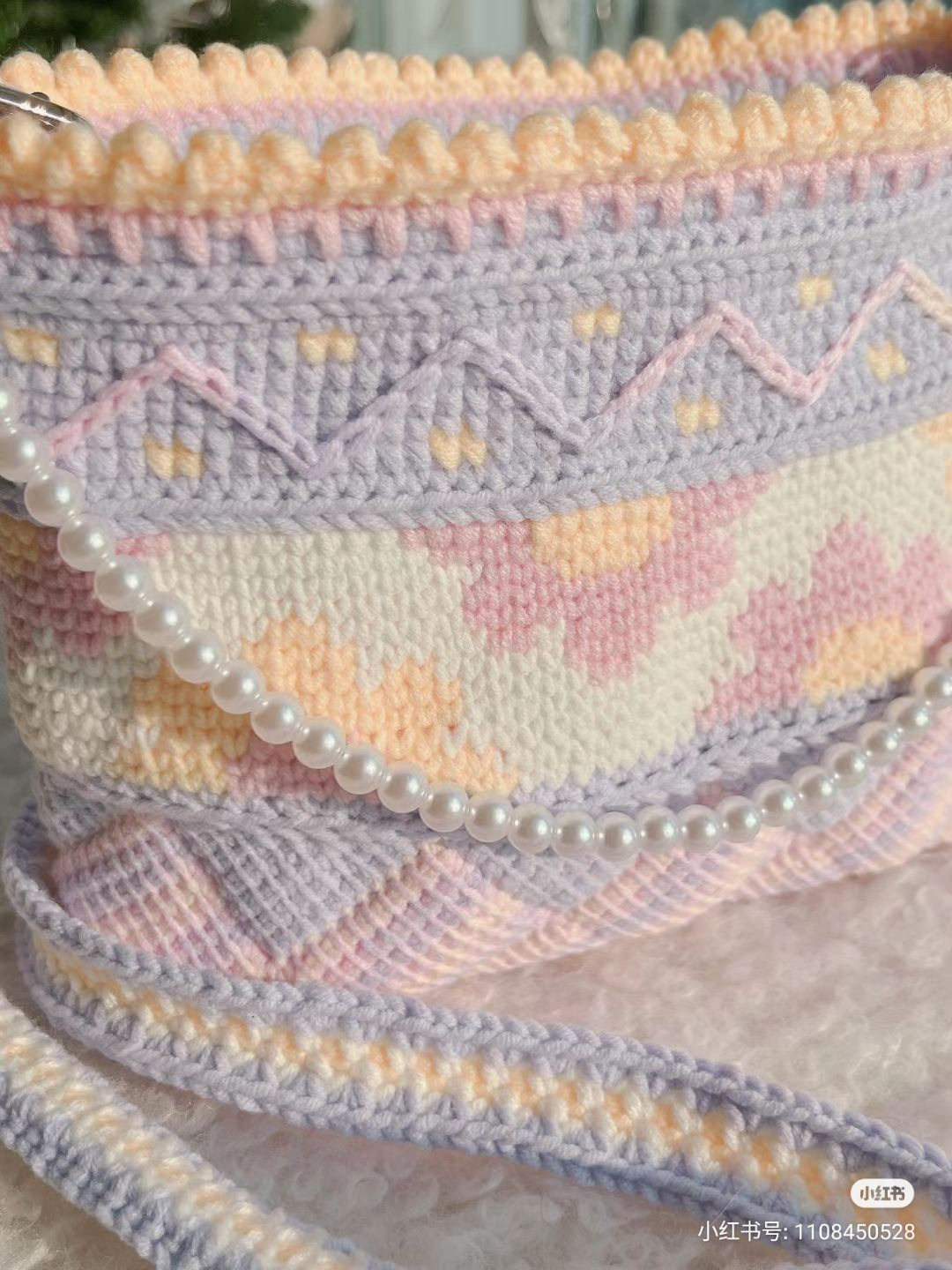 Pastel Flower Crochet Bag with Pearl Strap and Chart