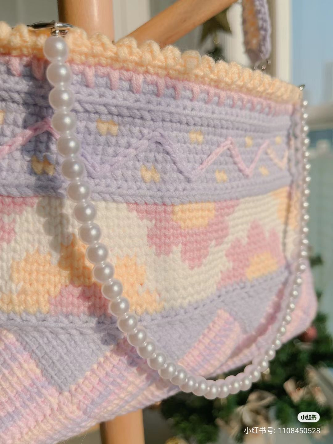Pastel Flower Crochet Bag with Pearl Strap and Chart